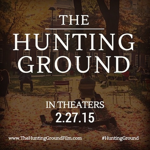 "The Hunting Ground. In Theaters 2.27.15. www.TheHuntingGroundFilm.com #TheHuntingGround" Text overlayed on a picture of a college student sitting on a bench outside on campus in the fall 