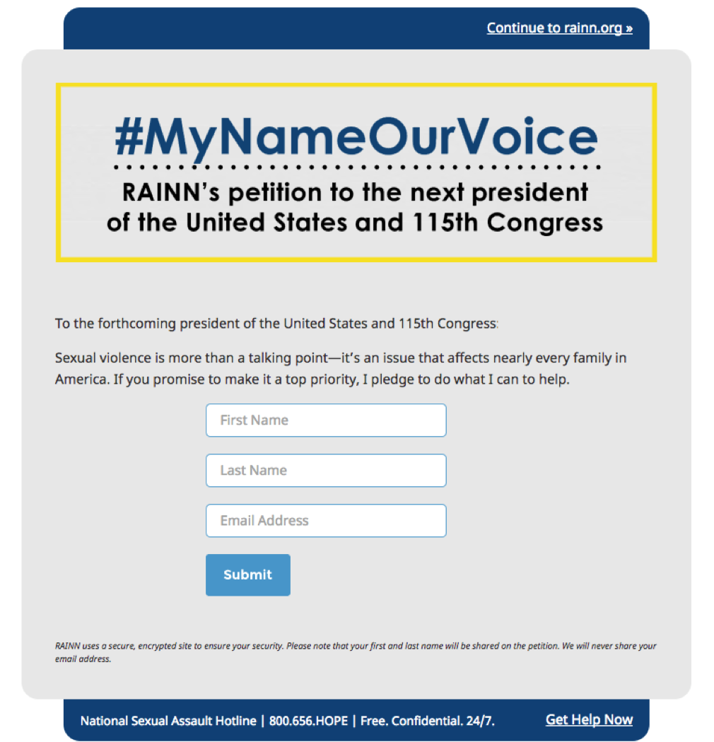 Screengrab of RAINN petition to the next president of the United States