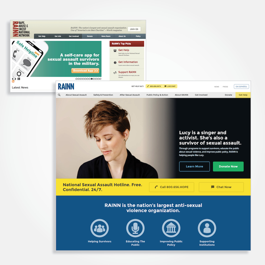 Two snapshots of rainn.org home page to compare the old website to the newly redesigned website.